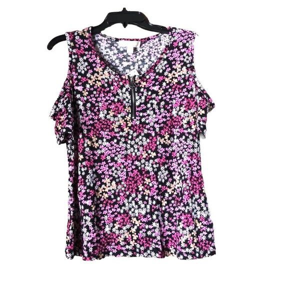 NWT Michael Kors Pink Floral Printed Cold Shoulder 1/4 Zip Front Top - L - Picture 1 of 13